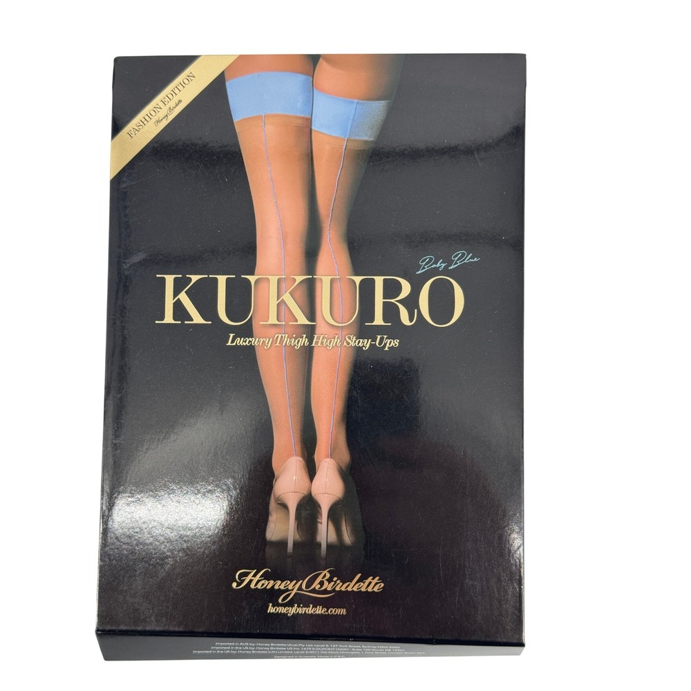 Honey Birdette Kukuro Thigh High Stay-Ups Women M Baby Blue Back Seam Luxury